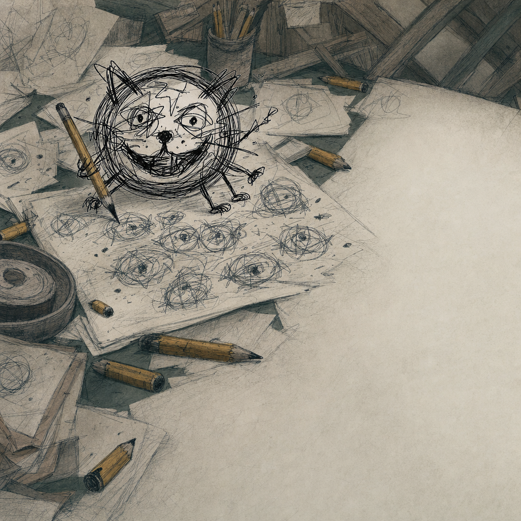 The scribbled creature holding a pencil on a desk buried in papers full of circular dog drawings and stray pencils